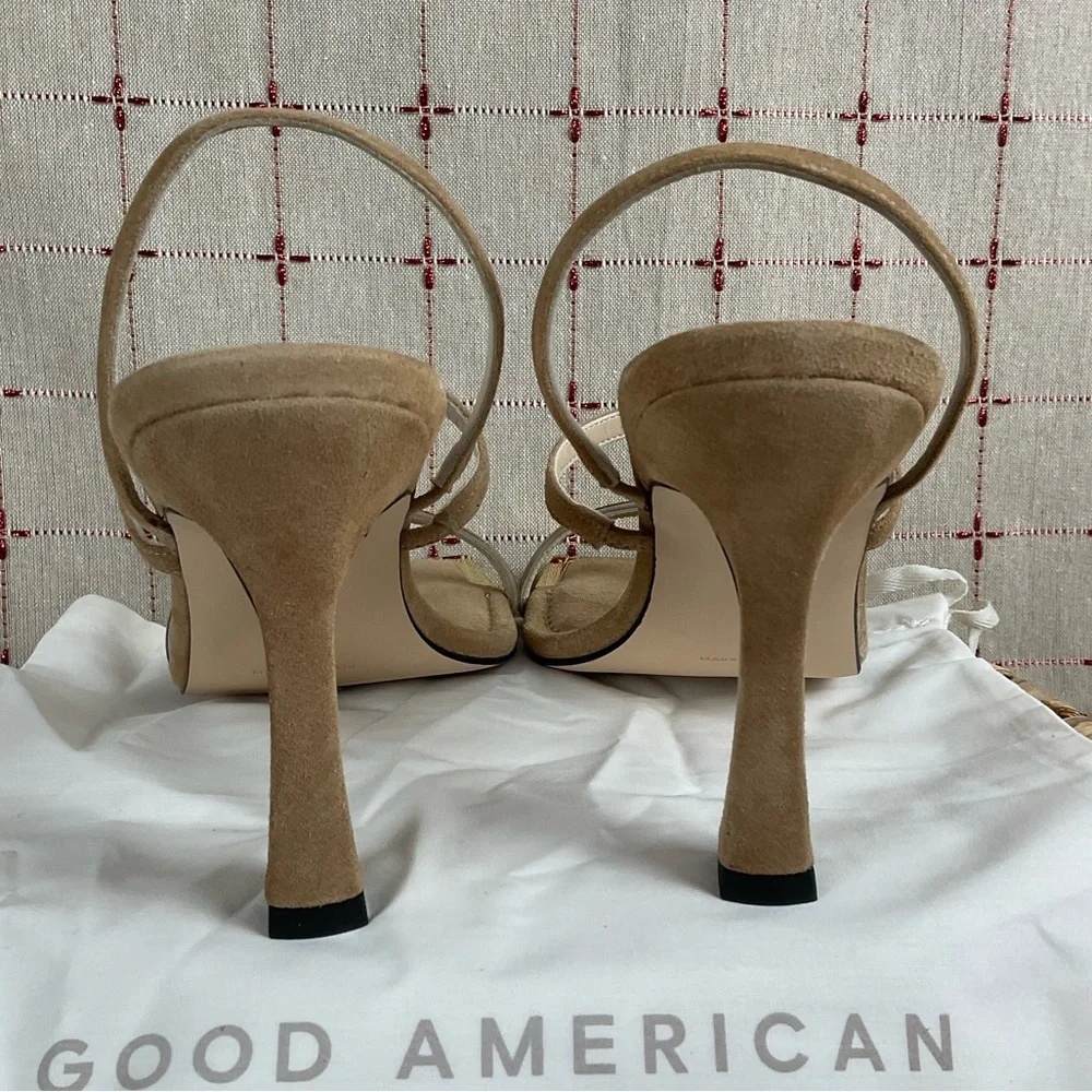 Good American Suede Strappy Heels Gold Square Toe Sz 9 Light Brown Leather New - Picture 4 of 8